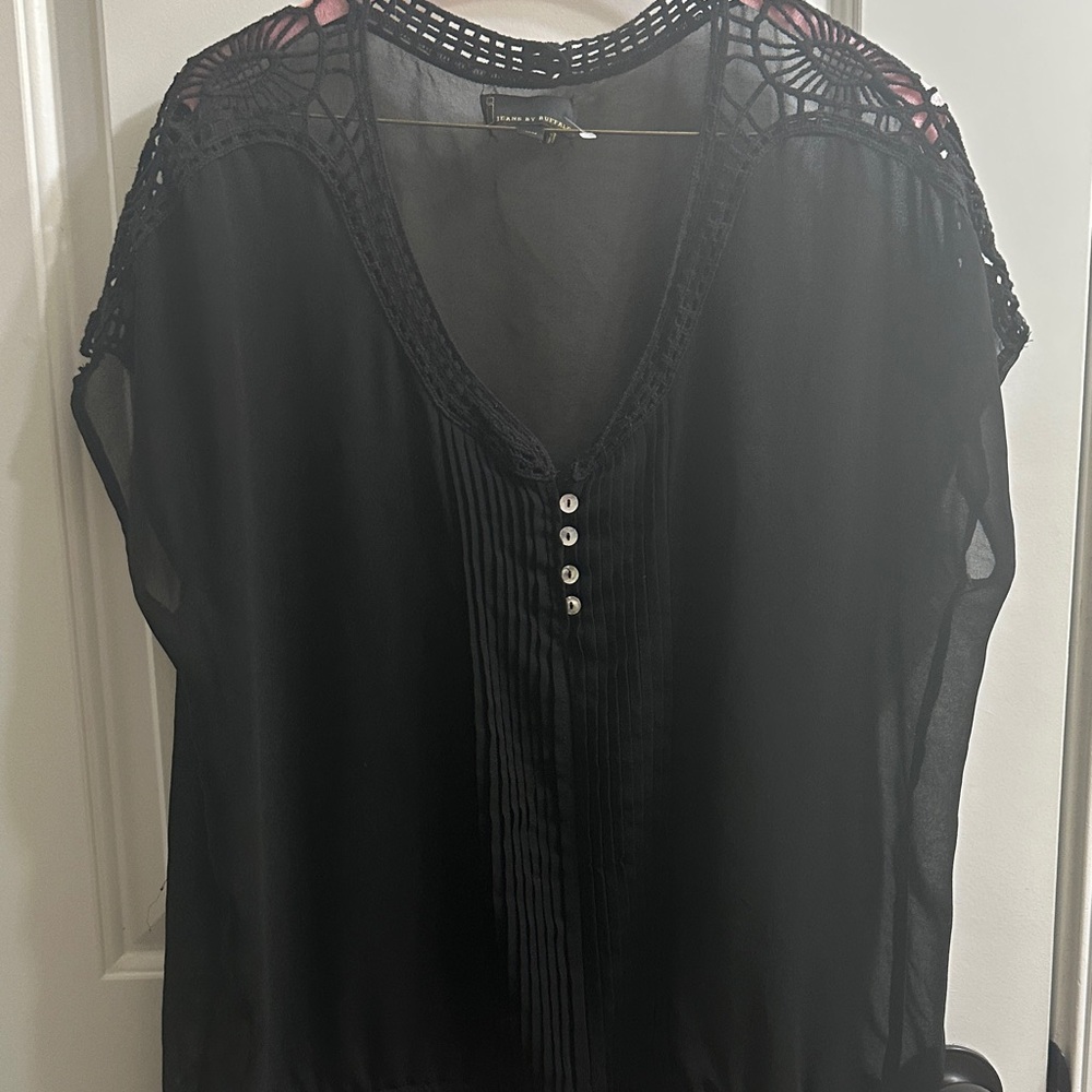 i jeans by Buffalo Black Sheer V-Neck Blouse with Crochet Shoulders